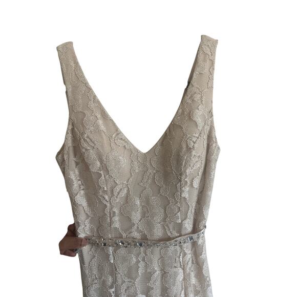 B. Darlin Women's Lace Maxi Evening Gown 3/4 Sleeveless V-Neck Beige Dress - Picture 3 of 15